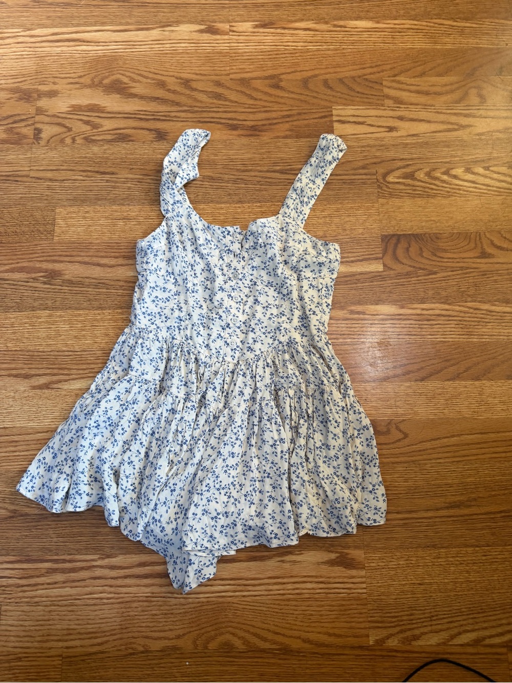 aerie White romper with Blue Floral Print - Ruffled Straps